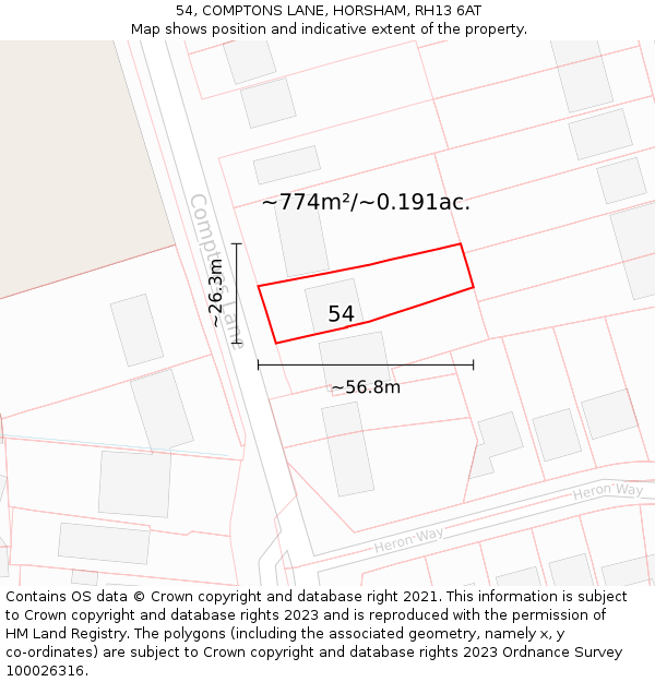 54, COMPTONS LANE, HORSHAM, RH13 6AT: Plot and title map