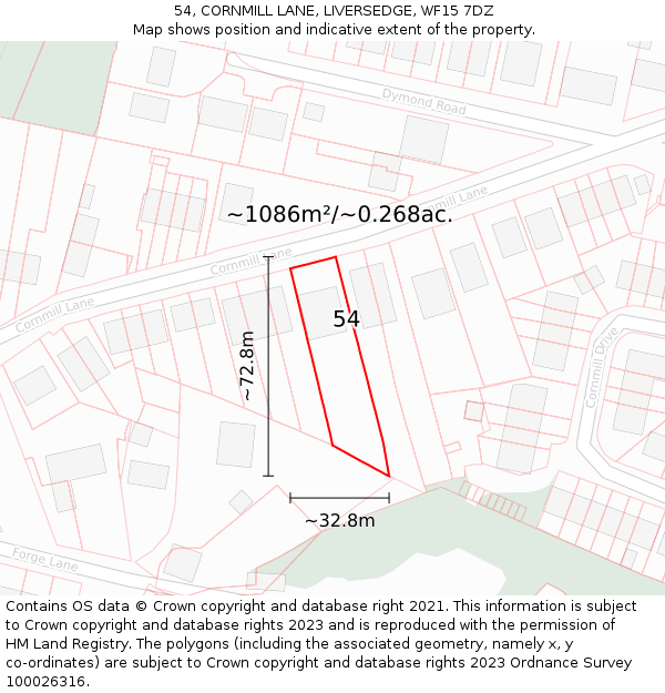 54, CORNMILL LANE, LIVERSEDGE, WF15 7DZ: Plot and title map