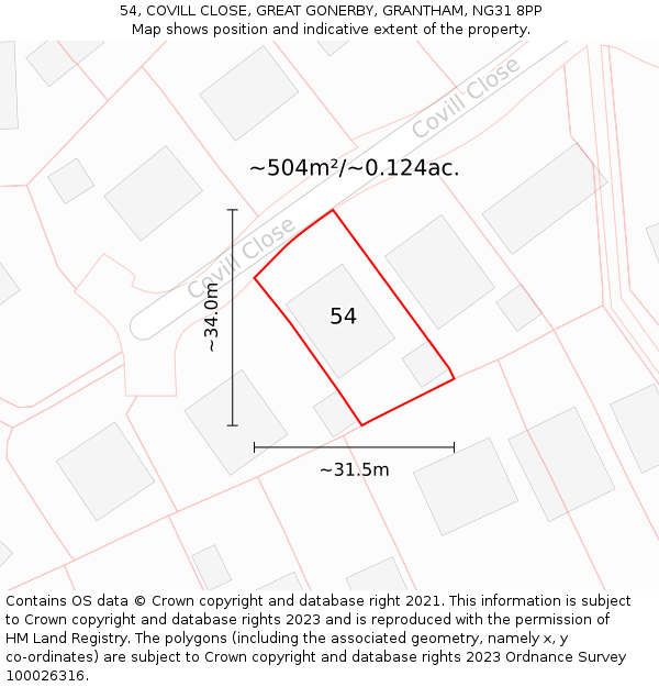 54, COVILL CLOSE, GREAT GONERBY, GRANTHAM, NG31 8PP: Plot and title map