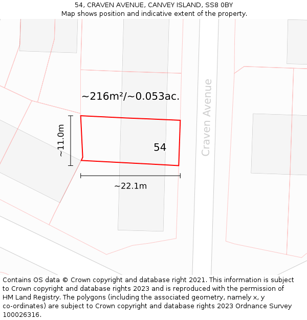 54, CRAVEN AVENUE, CANVEY ISLAND, SS8 0BY: Plot and title map