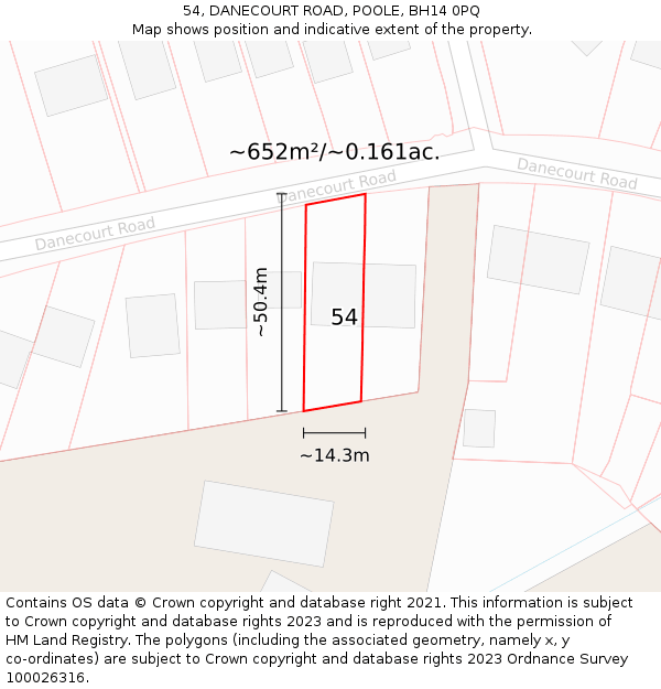 54, DANECOURT ROAD, POOLE, BH14 0PQ: Plot and title map