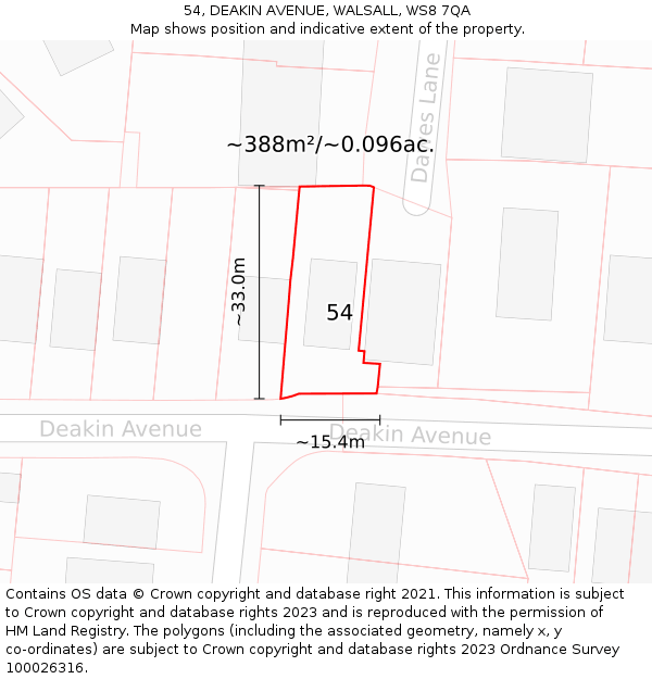 54, DEAKIN AVENUE, WALSALL, WS8 7QA: Plot and title map