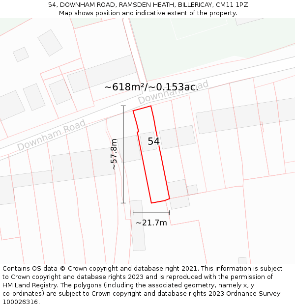 54, DOWNHAM ROAD, RAMSDEN HEATH, BILLERICAY, CM11 1PZ: Plot and title map