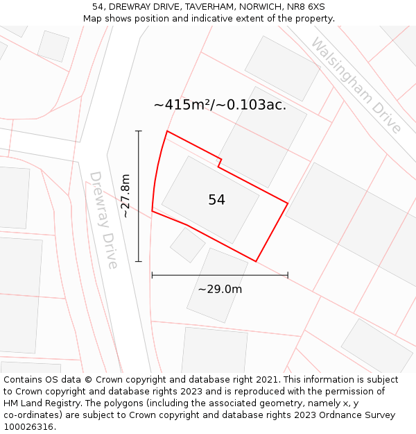 54, DREWRAY DRIVE, TAVERHAM, NORWICH, NR8 6XS: Plot and title map