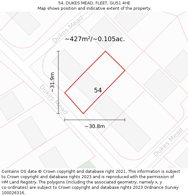 54, DUKES MEAD, FLEET, GU51 4HE: Plot and title map