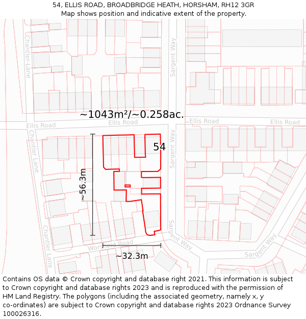 54, ELLIS ROAD, BROADBRIDGE HEATH, HORSHAM, RH12 3GR: Plot and title map