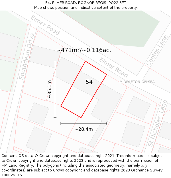 54, ELMER ROAD, BOGNOR REGIS, PO22 6ET: Plot and title map