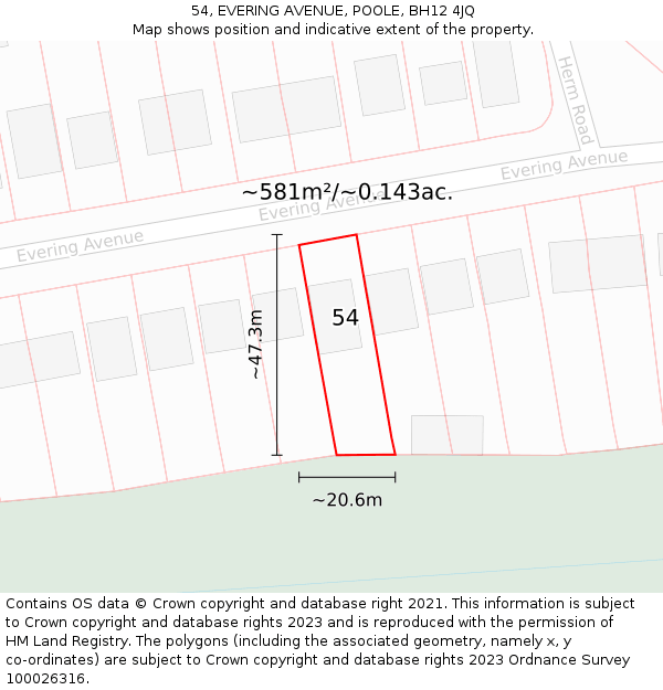54, EVERING AVENUE, POOLE, BH12 4JQ: Plot and title map