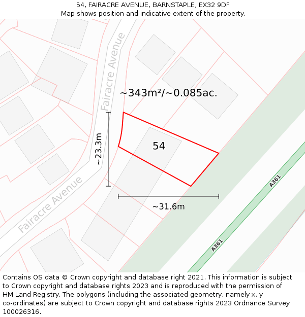 54, FAIRACRE AVENUE, BARNSTAPLE, EX32 9DF: Plot and title map