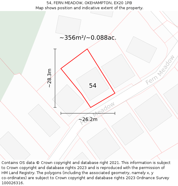 54, FERN MEADOW, OKEHAMPTON, EX20 1PB: Plot and title map