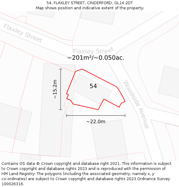54, FLAXLEY STREET, CINDERFORD, GL14 2DT: Plot and title map