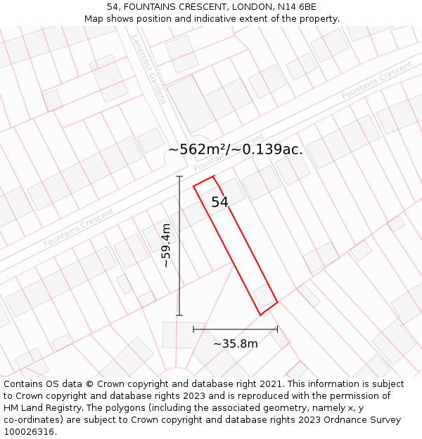 54, FOUNTAINS CRESCENT, LONDON, N14 6BE: Plot and title map