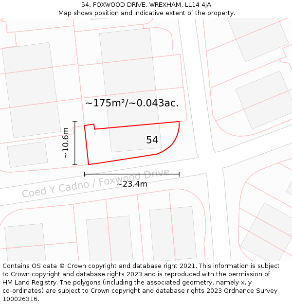 54, FOXWOOD DRIVE, WREXHAM, LL14 4JA: Plot and title map