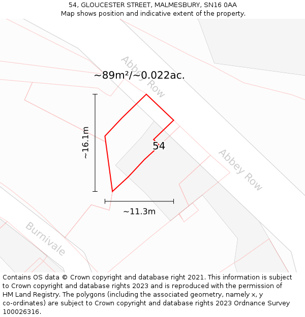 54, GLOUCESTER STREET, MALMESBURY, SN16 0AA: Plot and title map