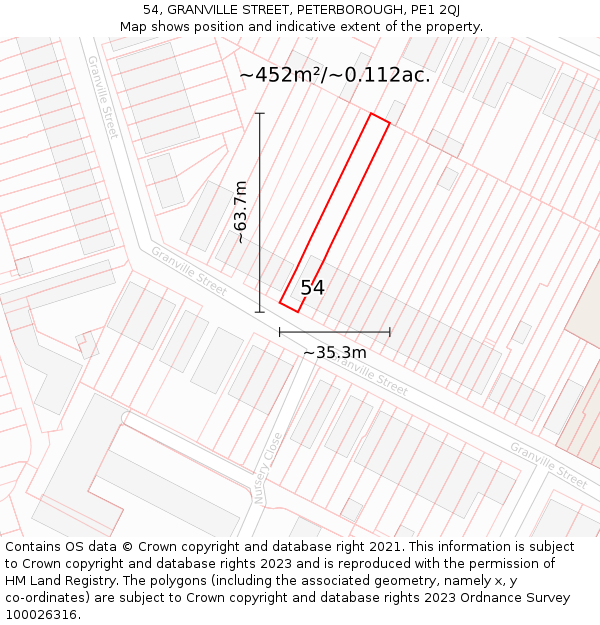 54, GRANVILLE STREET, PETERBOROUGH, PE1 2QJ: Plot and title map