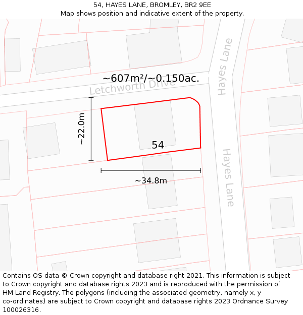 54, HAYES LANE, BROMLEY, BR2 9EE: Plot and title map