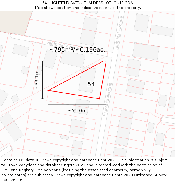 54, HIGHFIELD AVENUE, ALDERSHOT, GU11 3DA: Plot and title map