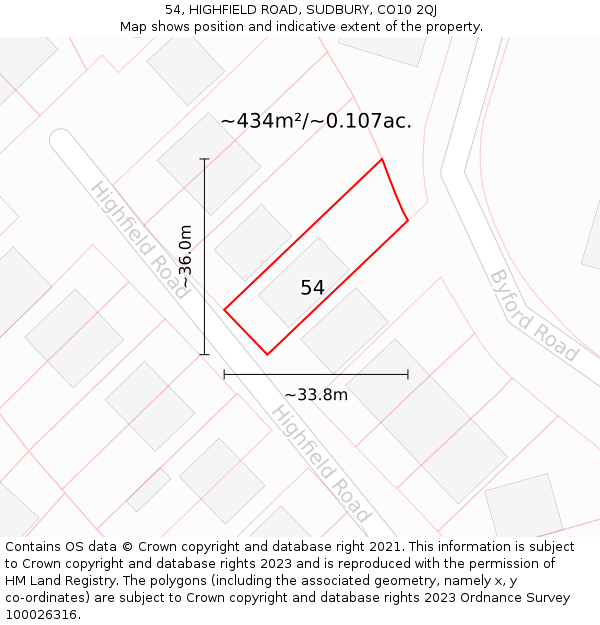 54, HIGHFIELD ROAD, SUDBURY, CO10 2QJ: Plot and title map