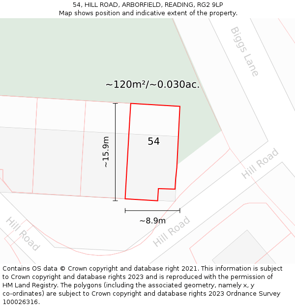 54, HILL ROAD, ARBORFIELD, READING, RG2 9LP: Plot and title map