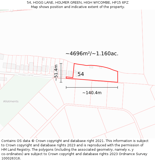 54, HOGG LANE, HOLMER GREEN, HIGH WYCOMBE, HP15 6PZ: Plot and title map