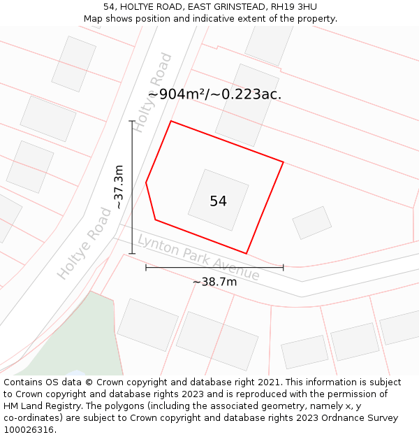 54, HOLTYE ROAD, EAST GRINSTEAD, RH19 3HU: Plot and title map