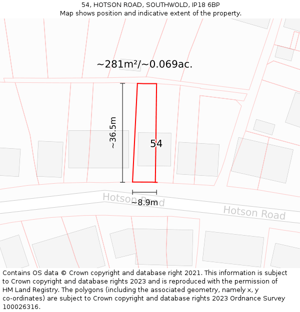 54, HOTSON ROAD, SOUTHWOLD, IP18 6BP: Plot and title map