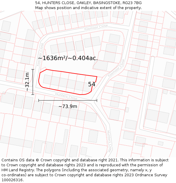 54, HUNTERS CLOSE, OAKLEY, BASINGSTOKE, RG23 7BG: Plot and title map