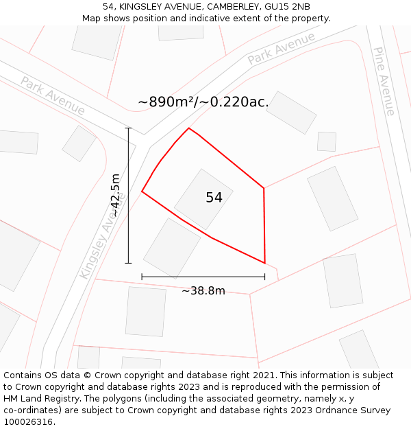 54, KINGSLEY AVENUE, CAMBERLEY, GU15 2NB: Plot and title map
