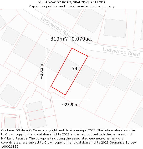 54, LADYWOOD ROAD, SPALDING, PE11 2DA: Plot and title map