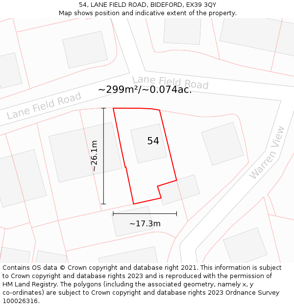 54, LANE FIELD ROAD, BIDEFORD, EX39 3QY: Plot and title map