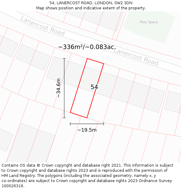 54, LANERCOST ROAD, LONDON, SW2 3DN: Plot and title map
