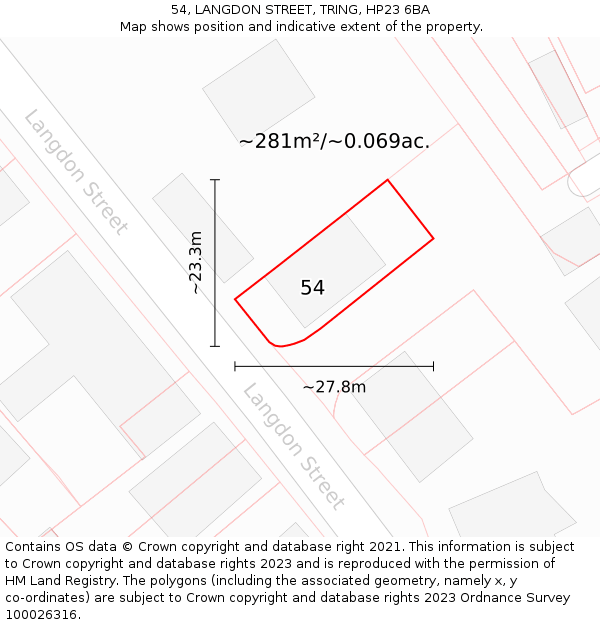 54, LANGDON STREET, TRING, HP23 6BA: Plot and title map
