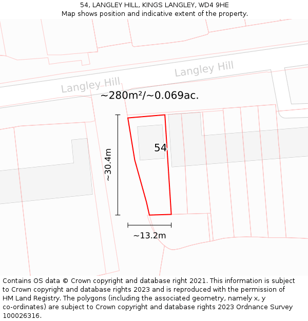 54, LANGLEY HILL, KINGS LANGLEY, WD4 9HE: Plot and title map