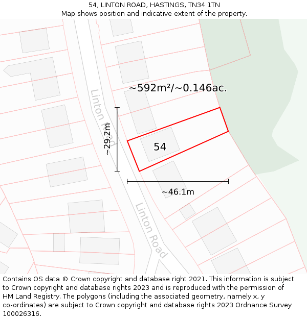 54, LINTON ROAD, HASTINGS, TN34 1TN: Plot and title map