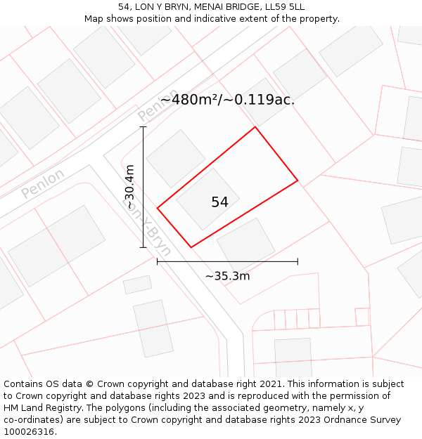 54, LON Y BRYN, MENAI BRIDGE, LL59 5LL: Plot and title map