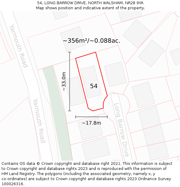 54, LONG BARROW DRIVE, NORTH WALSHAM, NR28 9YA: Plot and title map