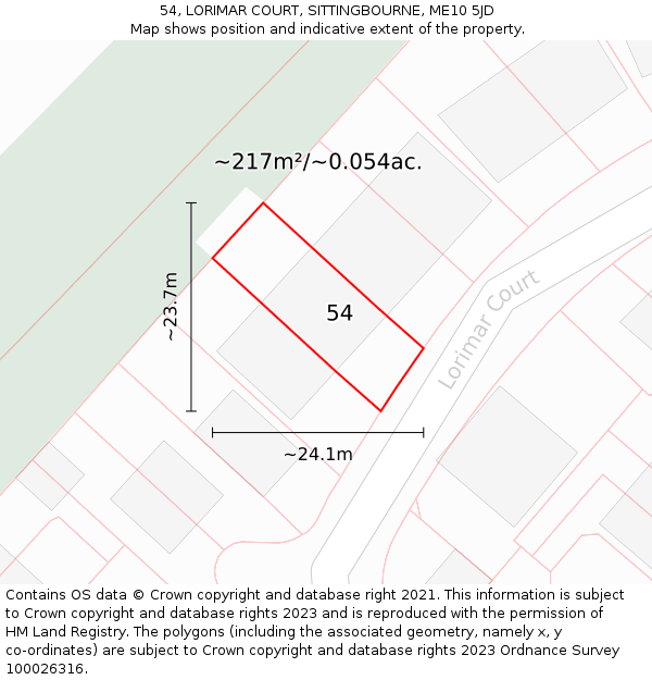 54, LORIMAR COURT, SITTINGBOURNE, ME10 5JD: Plot and title map
