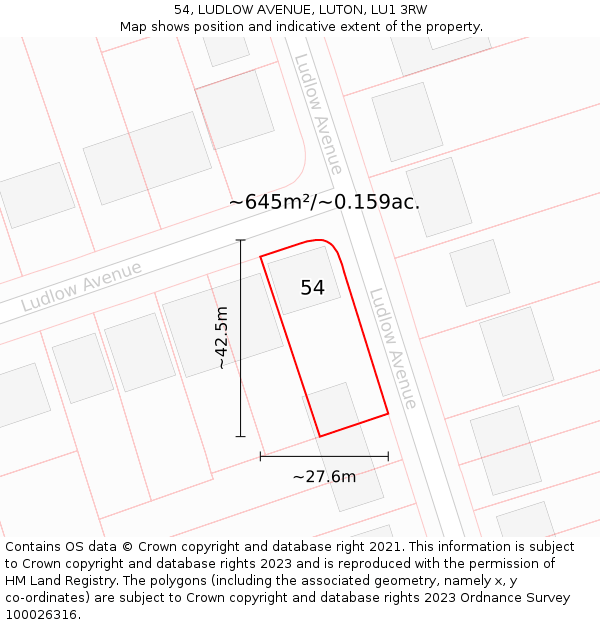 54, LUDLOW AVENUE, LUTON, LU1 3RW: Plot and title map