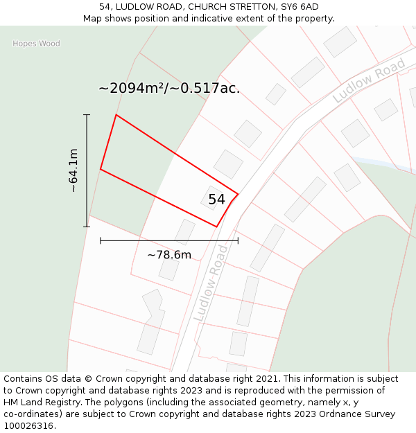 54, LUDLOW ROAD, CHURCH STRETTON, SY6 6AD: Plot and title map