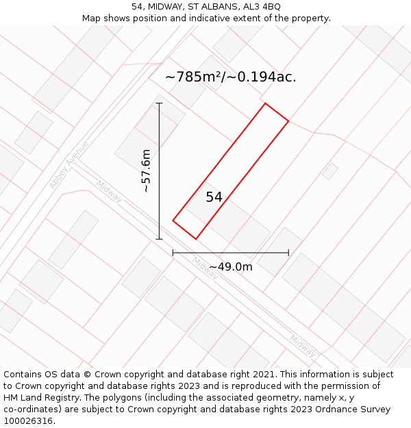 54, MIDWAY, ST ALBANS, AL3 4BQ: Plot and title map