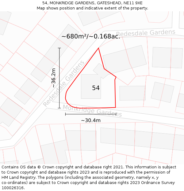 54, MONKRIDGE GARDENS, GATESHEAD, NE11 9XE: Plot and title map