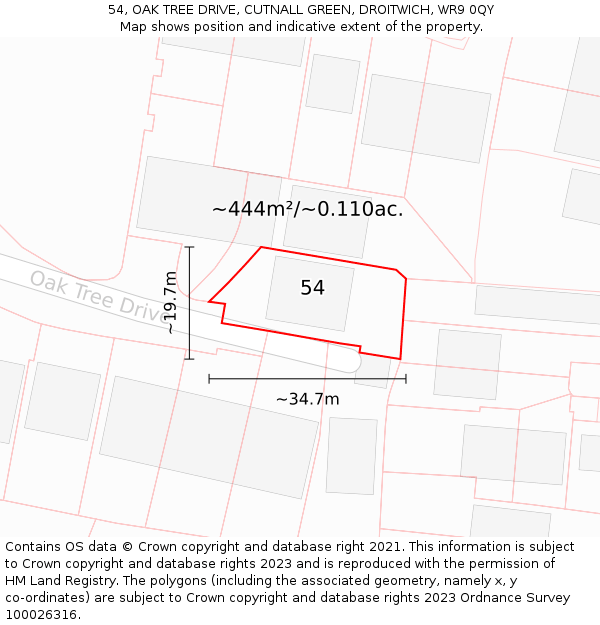 54, OAK TREE DRIVE, CUTNALL GREEN, DROITWICH, WR9 0QY: Plot and title map
