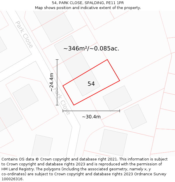 54, PARK CLOSE, SPALDING, PE11 1PR: Plot and title map