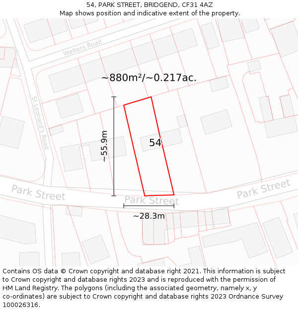 54, PARK STREET, BRIDGEND, CF31 4AZ: Plot and title map