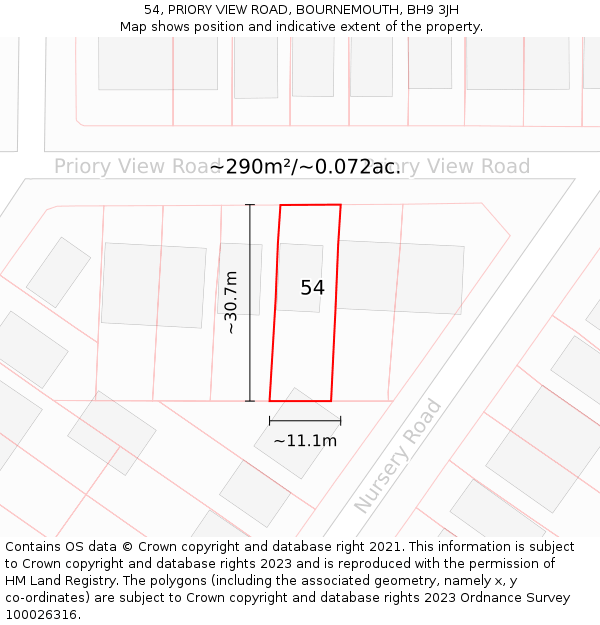 54, PRIORY VIEW ROAD, BOURNEMOUTH, BH9 3JH: Plot and title map