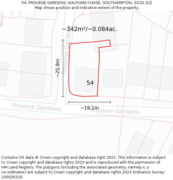 54, PROVENE GARDENS, WALTHAM CHASE, SOUTHAMPTON, SO32 2LE: Plot and title map