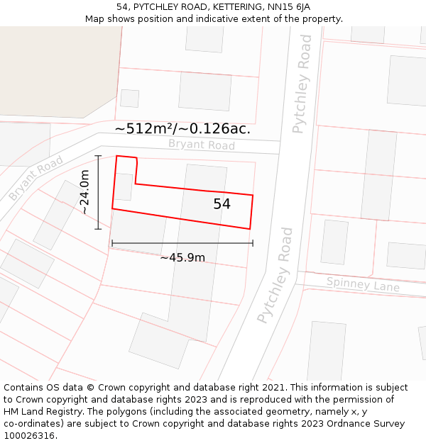 54, PYTCHLEY ROAD, KETTERING, NN15 6JA: Plot and title map