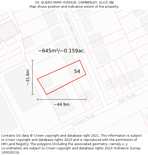 54, QUEEN MARY AVENUE, CAMBERLEY, GU15 3BJ: Plot and title map