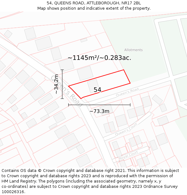 54, QUEENS ROAD, ATTLEBOROUGH, NR17 2BL: Plot and title map