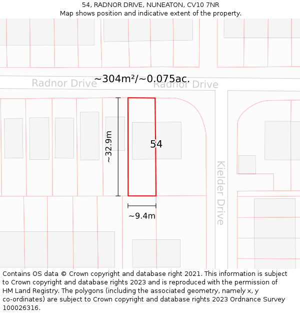 54, RADNOR DRIVE, NUNEATON, CV10 7NR: Plot and title map